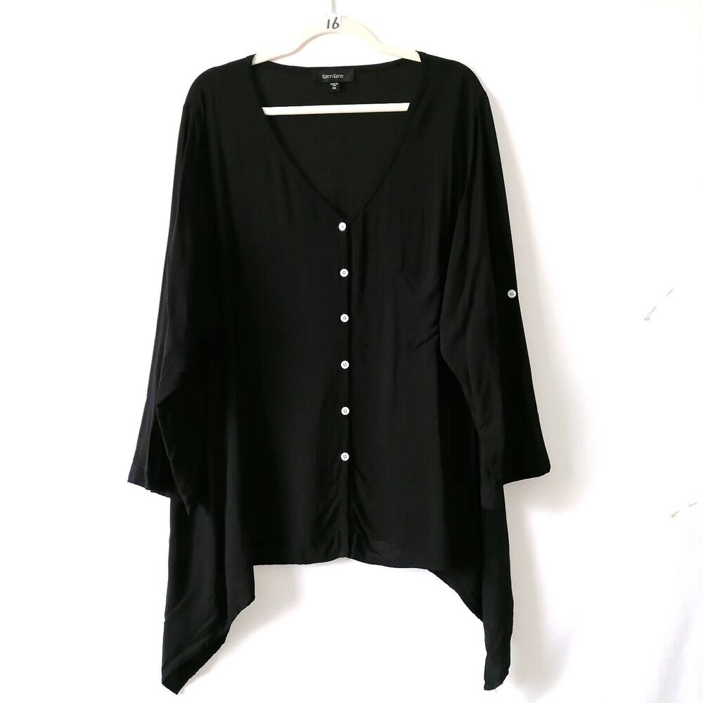 Karen Kane Women's Black V-Neck Roll Tab Sleeve Button-Up Tunic Top Plus Size 2X